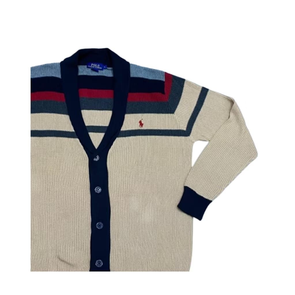 Polo-Cotton Knit V-Neck Cardigan Khaki-Nvy-M79-RL Men Polo Ralph Lauren