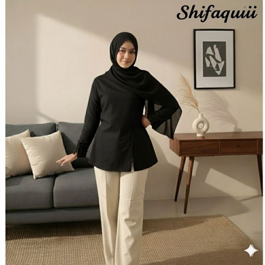Shifaquii Blouse Wanita Linen Flare - Atasan Lengan Panjang Muslimah Casual M L XL XXL