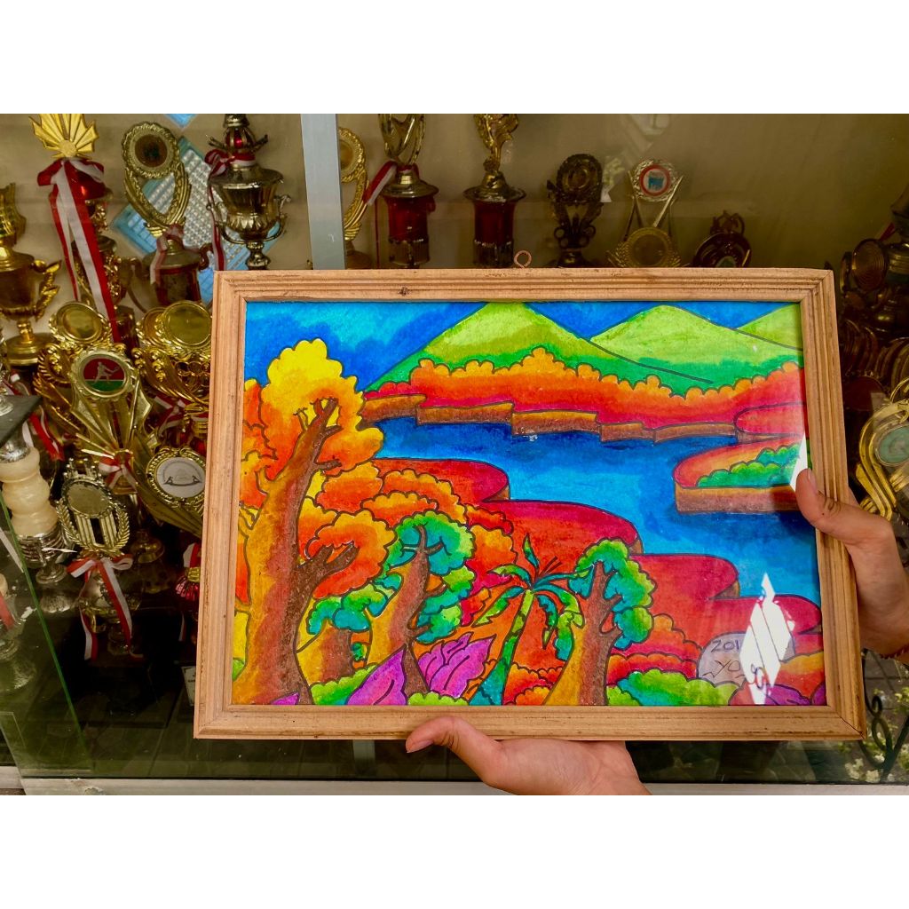 Lukisan pemandangan senja di  desa tercinta