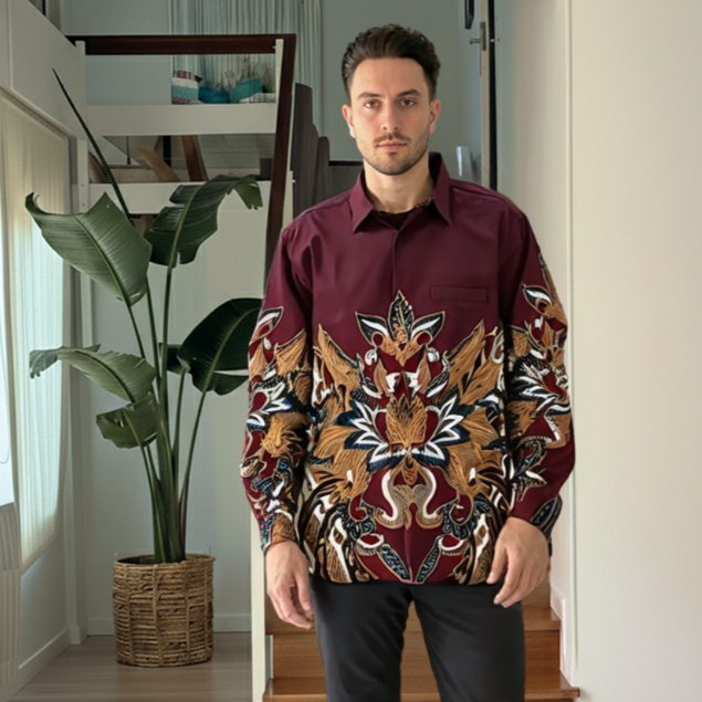 BENHILL Kemeja Pria Batik Panjang Maroon-Grey A305-A304