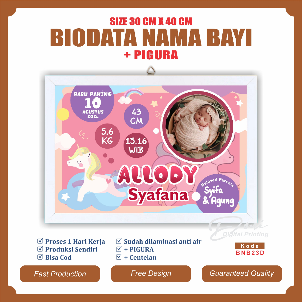 Biodata Kelahiran Bayi + Pigura Ukuran Jumbo 12 R 30 cm x 40 cm bnb23