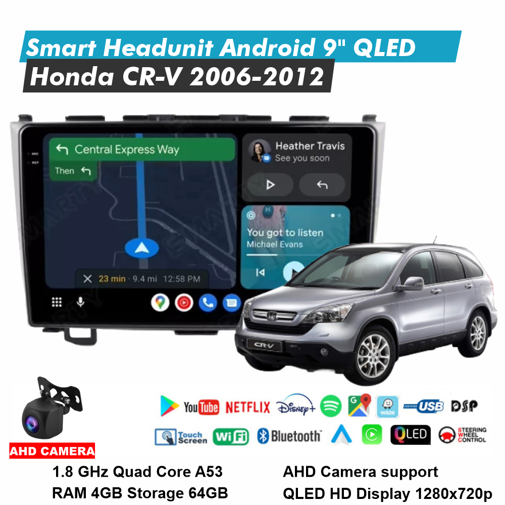 Honda CRV 2006-2012 Headunit Android 9 Inch RAM 4GB Storage 64GB QLED Audio Mobil