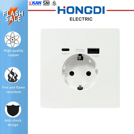 HONGDI Stop Kontak Dinding EU Plug IB 2Port 1USB + 1TYPE-C Charger HP-Putih