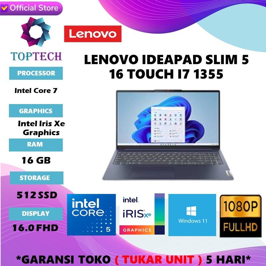 LENOVO IDEAPAD SLIM 5 16 TOUCH I7 1355 RAM 16GB SSD 512GB WINDOWS11 16.0 FHD IPS