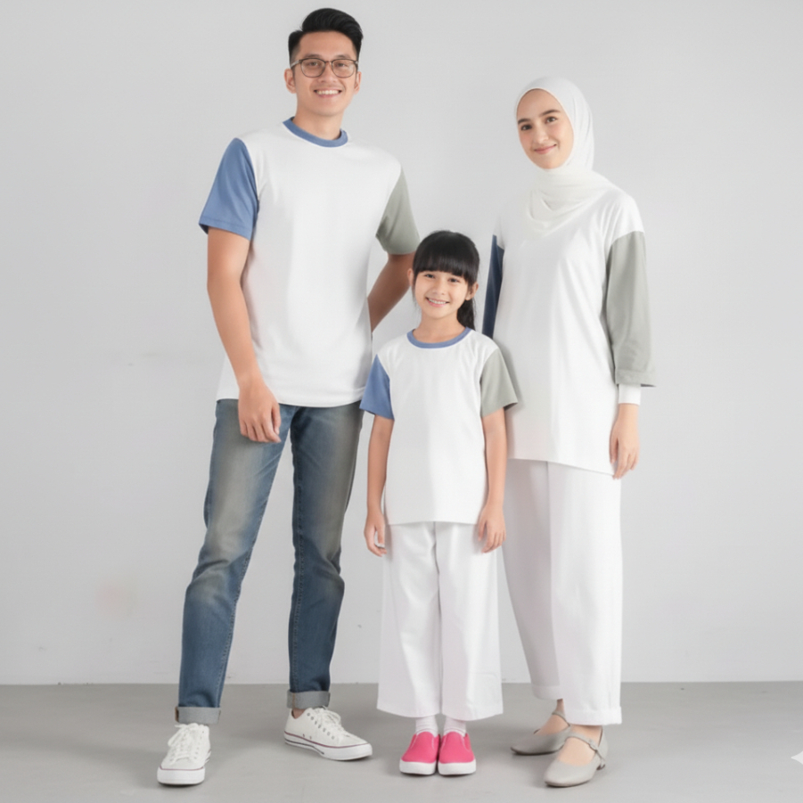 (PREMIUM QUALITY) DENIM - PUTIH - SAGE BARU : KAOS COUPLE KELUARGA 3 WARNA/ KAOS COUPLE KELUARGA KOM