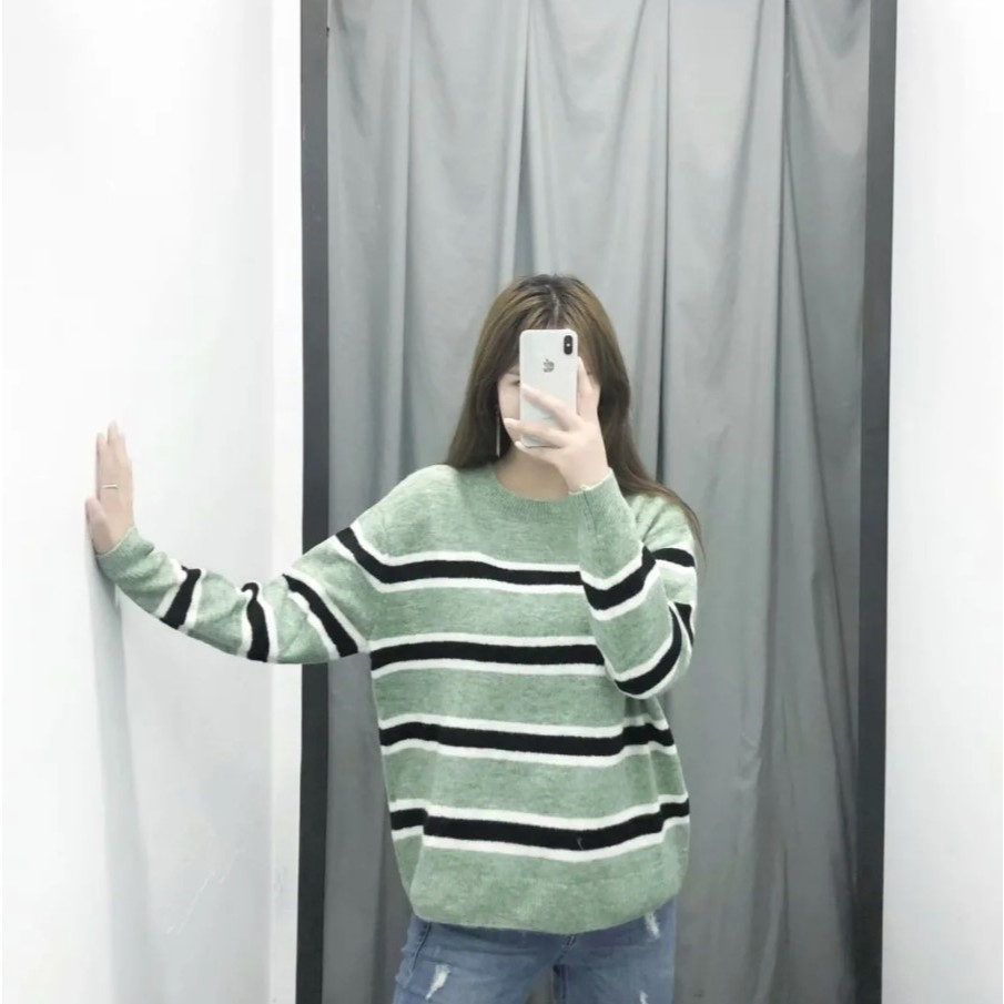 Sweater Wanita Rajut Knit Sage Green Hijau Stripe