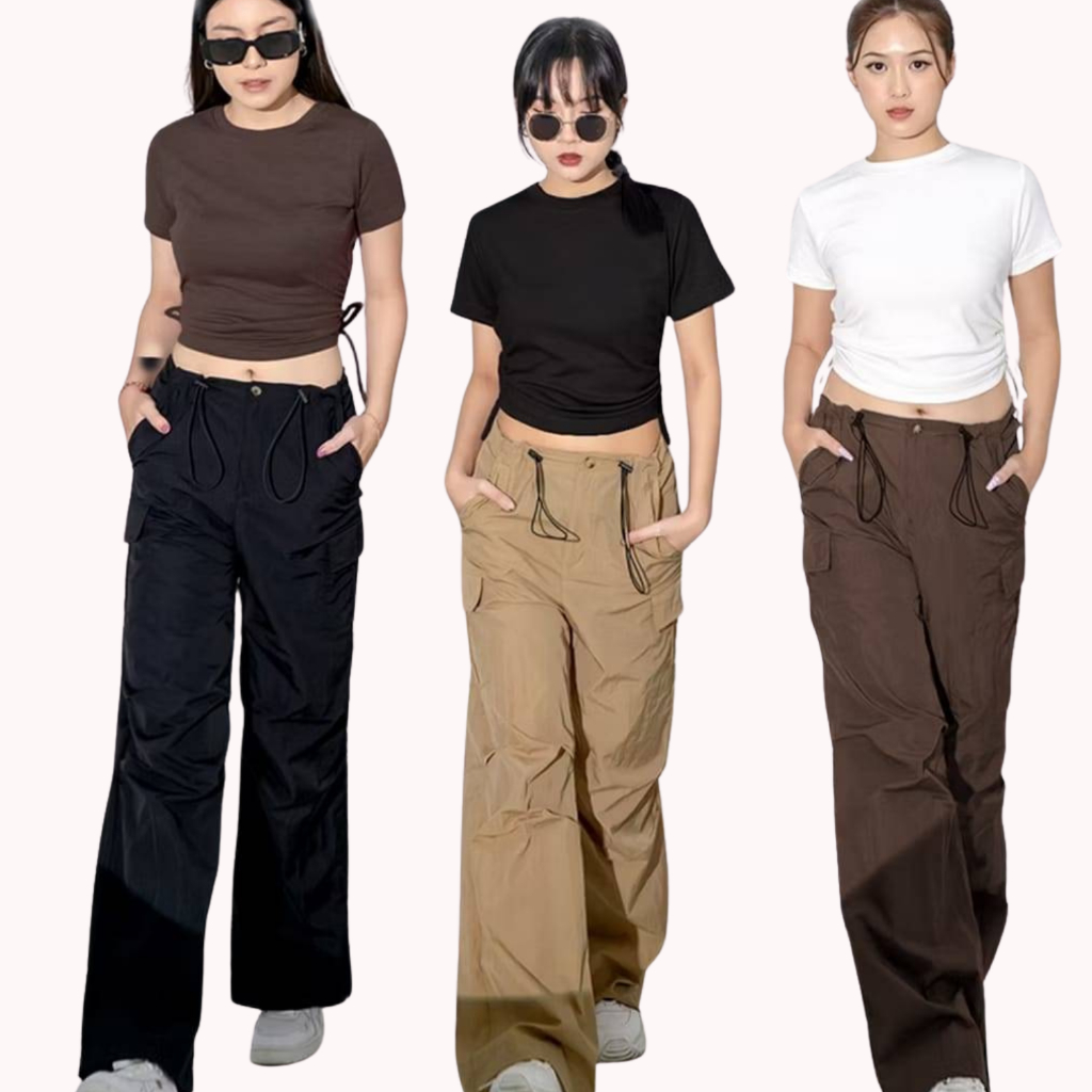 cargo pants - celana cargo parasut panjang cream streetwear unisex Cargo Wanita