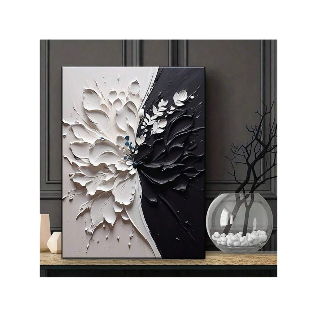 Lukisan abstrak kanvas modern || Lukisan timbul hitam putih bunga || hiasan dinding abstrak modern |