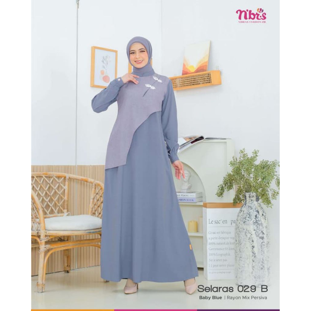 Nibras Gamis Selaras 029 B Baby Blue Biru Muda Pastel Baju Muslimah Syari Fashion Lebaran Kondangan 