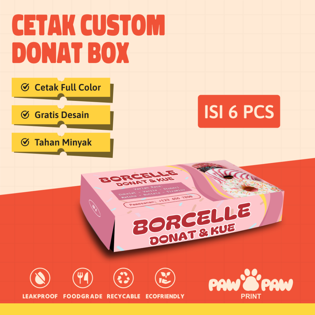 Donat Box Isi 6 Free Custom Design & Logo sendiri Min.Order 1000pcs - Bahan Ivory270gr