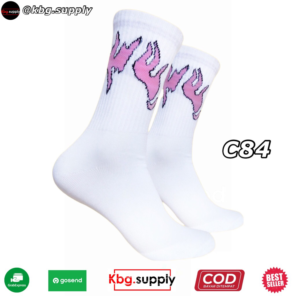 Kaos Kaki Oldschool- Kaos Kaki Emot Api Pink Dasar Putih - Kbg.supply - C84