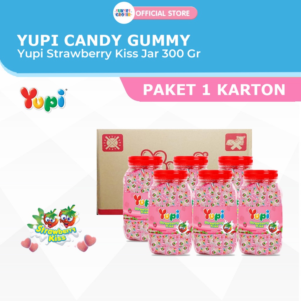 PERMEN YUPI STRAWBERRY KISS JAR 1 KARTON ISI 6 TOPLES
