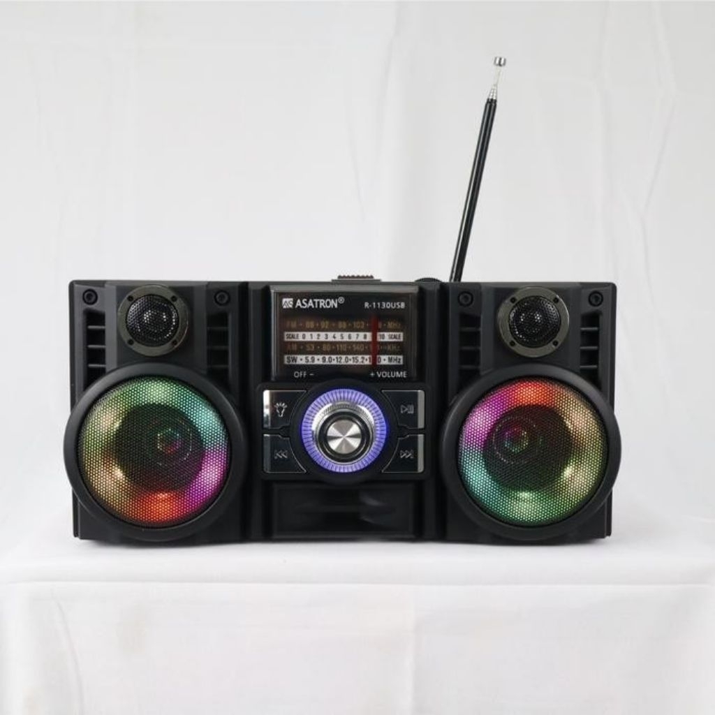 SPEAKER RADIO ASATRON R1130 R 1130 USB BLUETOOTH FM AM SW SD CARD LAMPU LED DISKO RECHARGEABLE BISA 