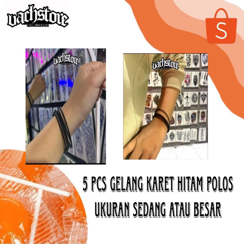5 pcs Gelang Tangan Karet Polos Hitam ukuran Besar atau Sedang