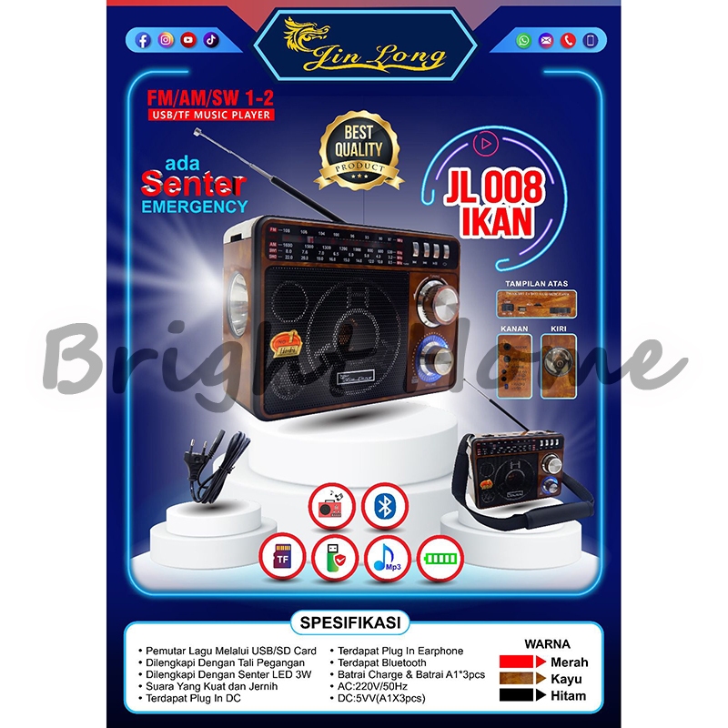 JINLONG JIN LON JL-008 IKAN JL008 Radio FM AM SW Portable Klasik Jadul Antik ada Senter Emergency