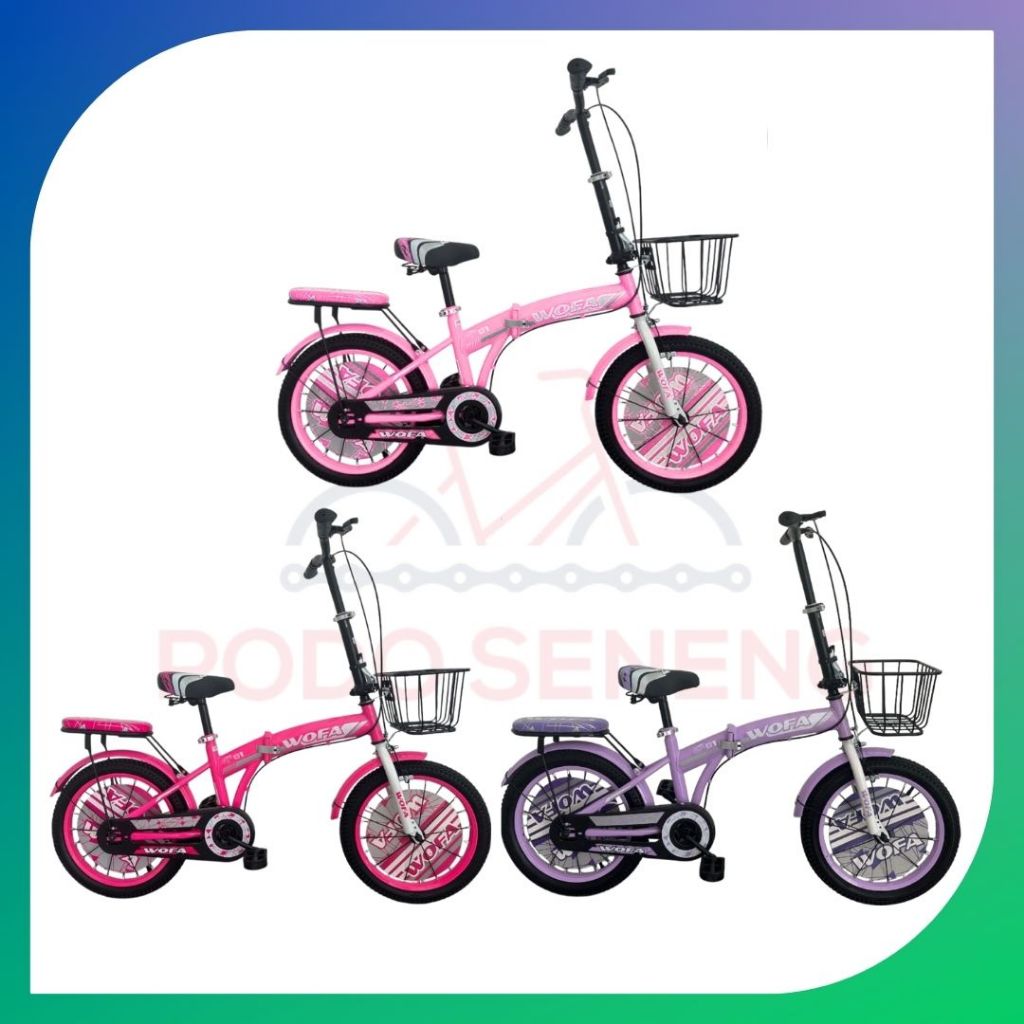 Sepeda Lipat Wofa Ukuran 16/18 Single Speed Keranjang Besi Folding Bike Anak-Remaja Perempuan