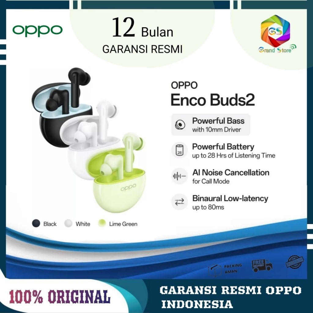OPPO Enco Buds2 | Enco Buds 2 TWS AI Noise Cancellation / Powerful Bass GARANSI RESMI OPPO