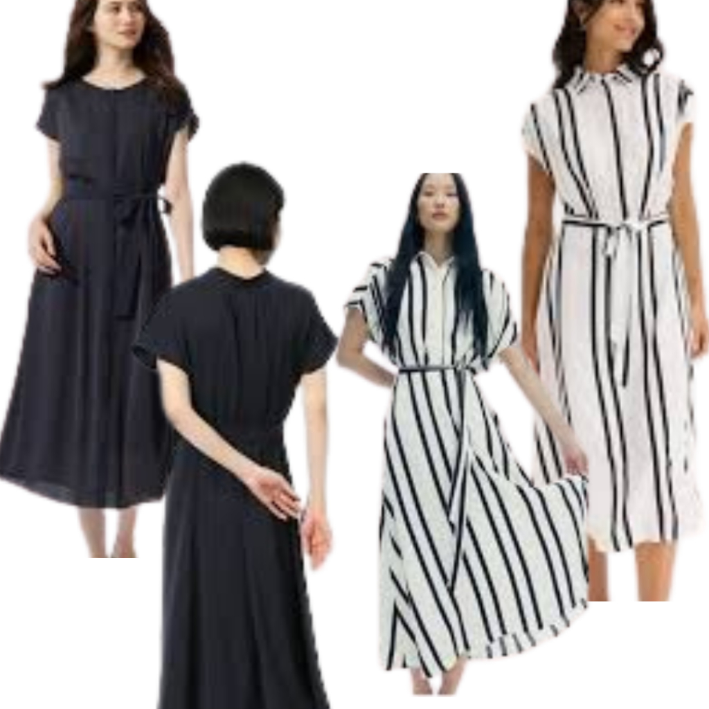 Dress Midi Wanita Lengan pendek Pinggang Tali Belt Dres Midi Kerja Lengan Kerah Lipat Dres Pesta
