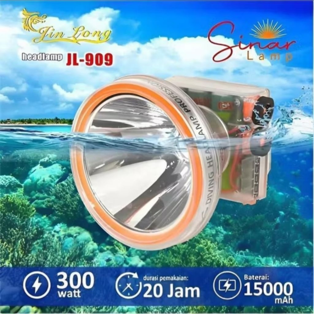 Waterproof Jinlong senter kepala selam Jl-909 cahaya putih dan kuning 300wat