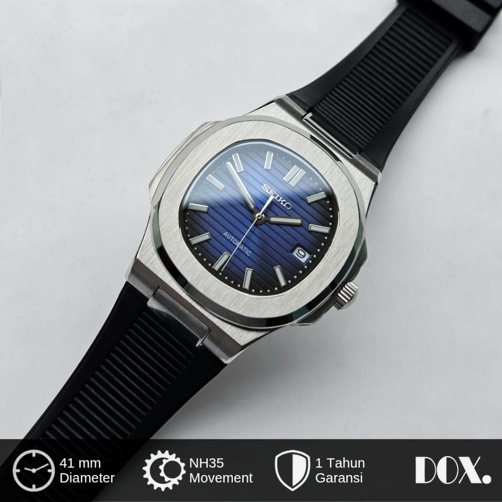 Jam Tangan Seiko Naut Biru NH35 Automatic Seikomod Strap Rubber Hitam Kaca Sapphire Casing Stainless