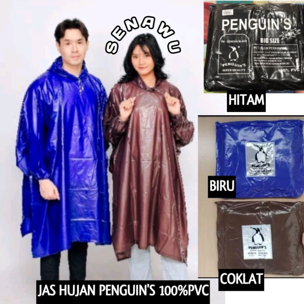 Jas Hujan Penguin's Ponco Lengan Jumbo / Penguin Kelelawar Mantel Pvc Original Dewasa Pria Wanita / 