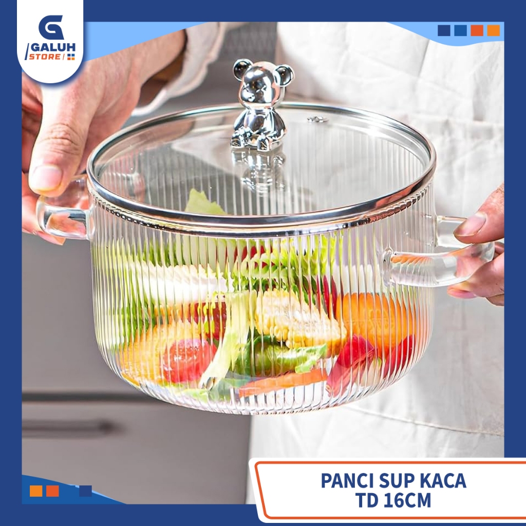 Panci Kaca Bening 16 CM - Panci Tahan Panas dengan Pegangan Ganda (Binaural)