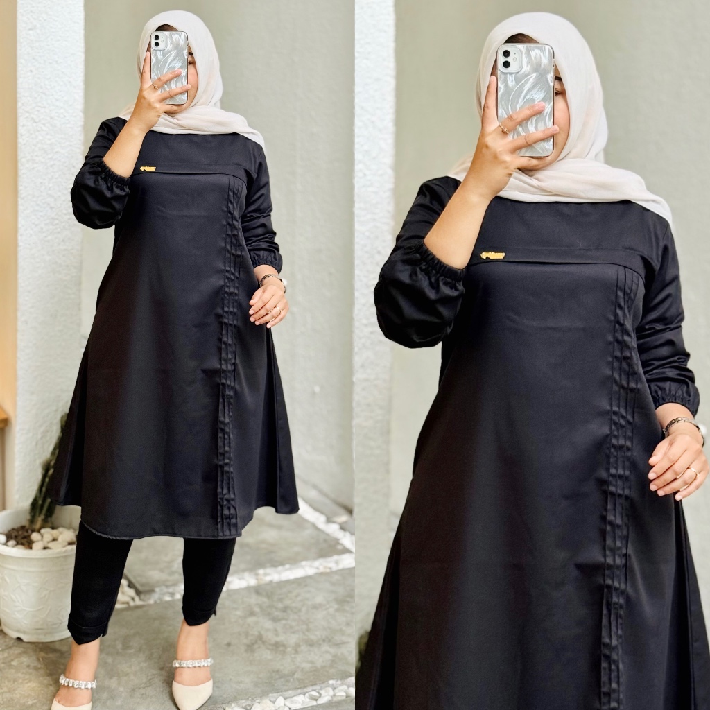 LaylaCL - Tunik hitam toyobo minimalis polos lengan balon salur