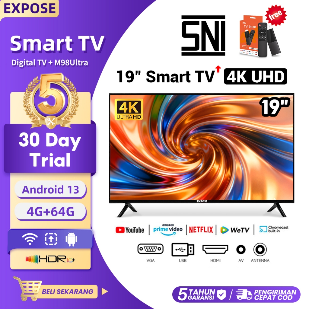 Smart TV 19 inch 4K Netflix/Youtube Android Digital TV+TV stick Monitor/CCTV Garansi 5 tahun