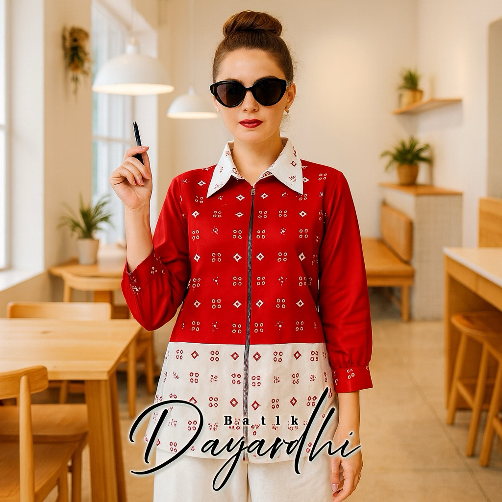 Blus Batik Wanita Modern Kombinasi Merah Putih - Atasan Formal Etnik Lengan Panjang Ceplok Merah