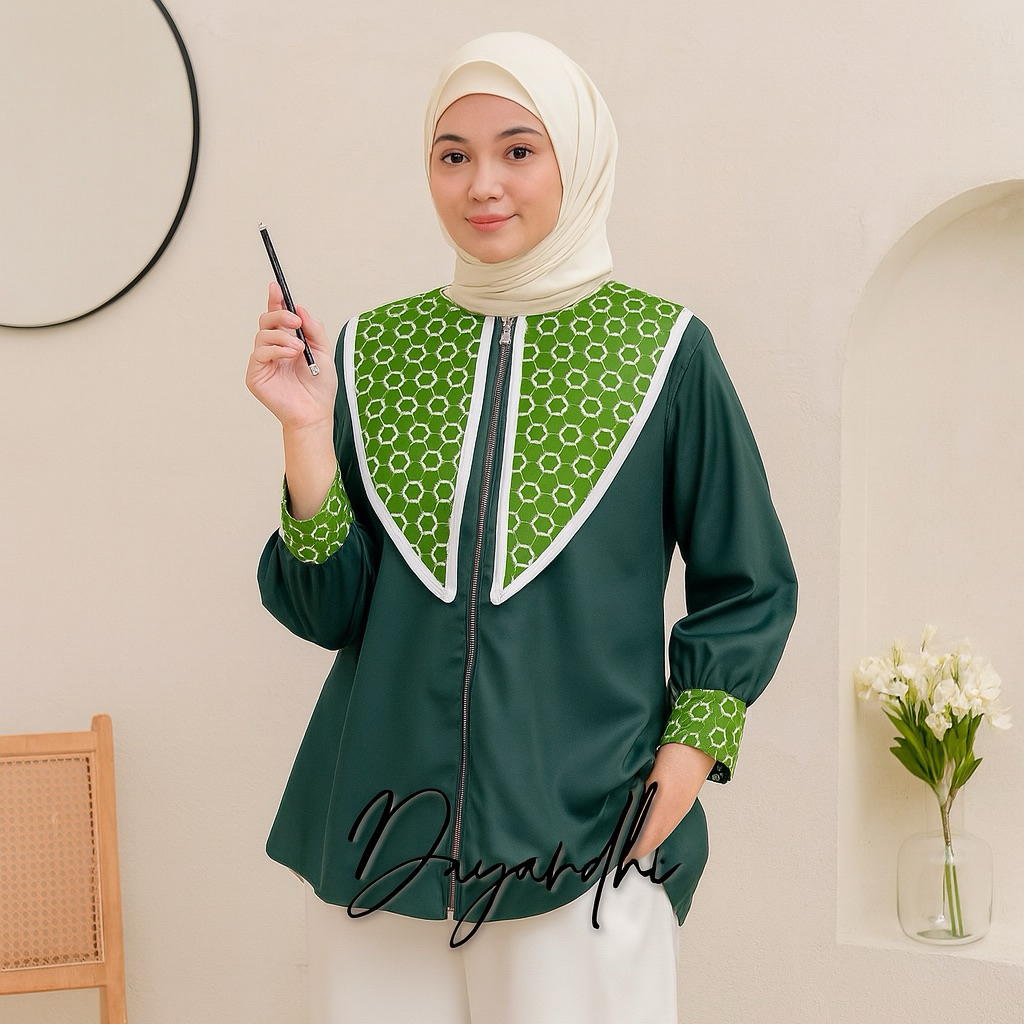 Atasan Batik Wanita Modern Warna Hijau Krah Coller – Blouse Batik Kombinasi Elegan Katun Premium Baj