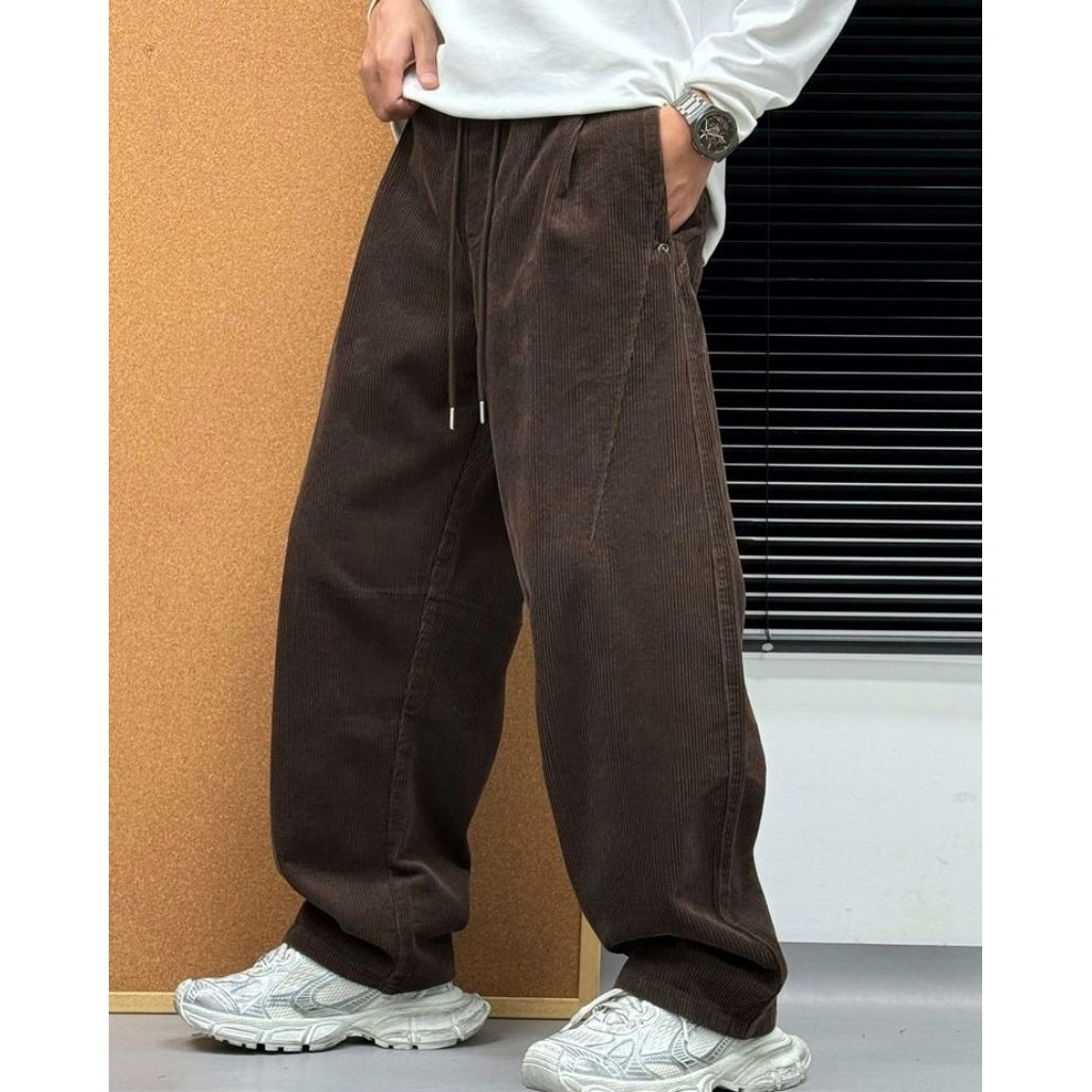 Celana Corduroy Kulot Pria Longgar Retro Korean Style Wide Leg Casual Gombrong