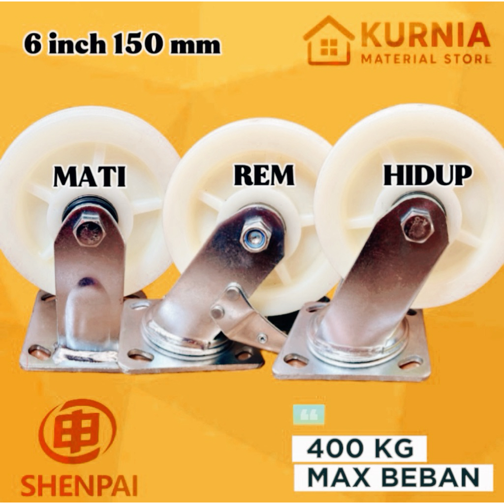 Roda Troli 6 inch 150 mm Nylon High Strength Double Ball Bearing Plate 400 kg Trolley Heavy Duty Cas