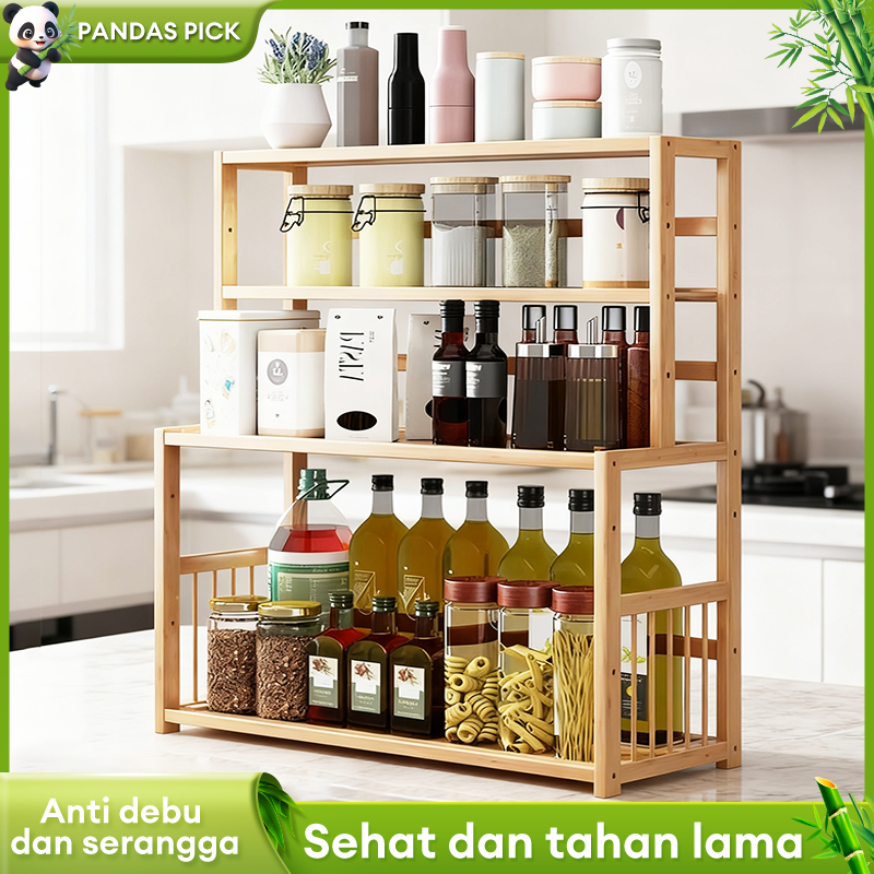 Rak Dapur Rak Bumbu Dapur Bambu Serbaguna Rak Botol Bumbu Rak Dapur Susun Multifungsi Estetik COD