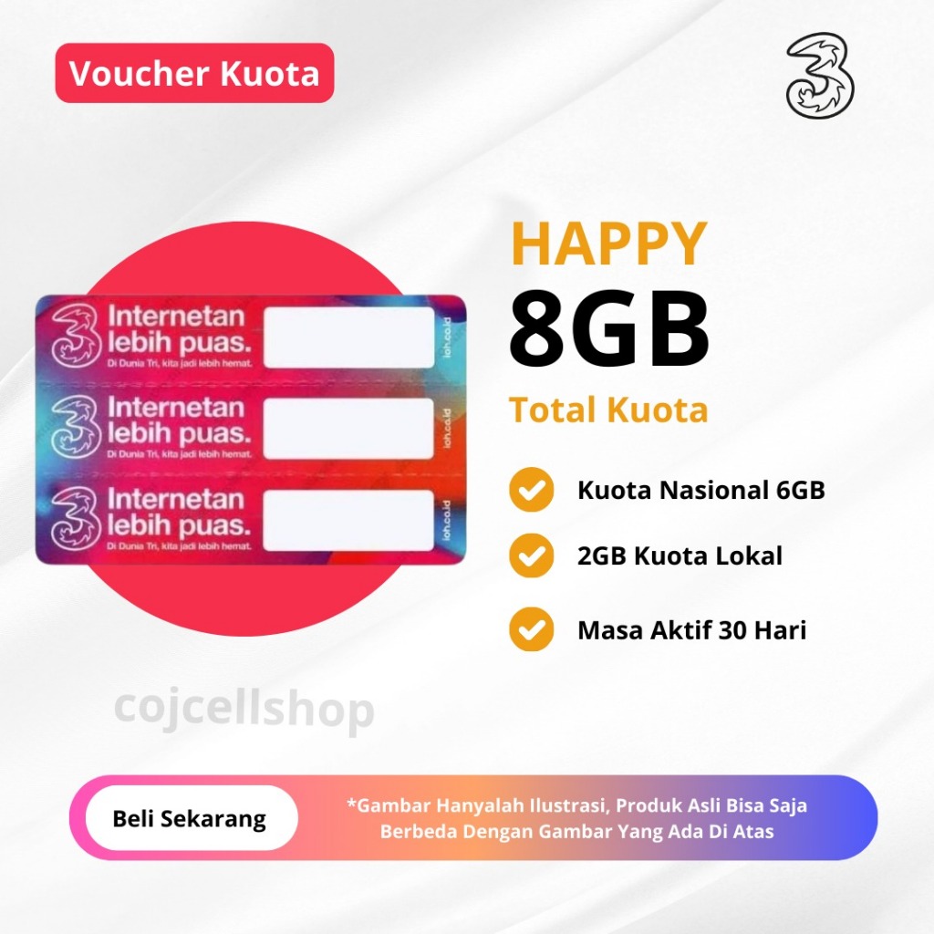 Voucher Kuota Tri Happy 8GB 30 Hari Full 24 JAM - Paket Data Tri Bulanan