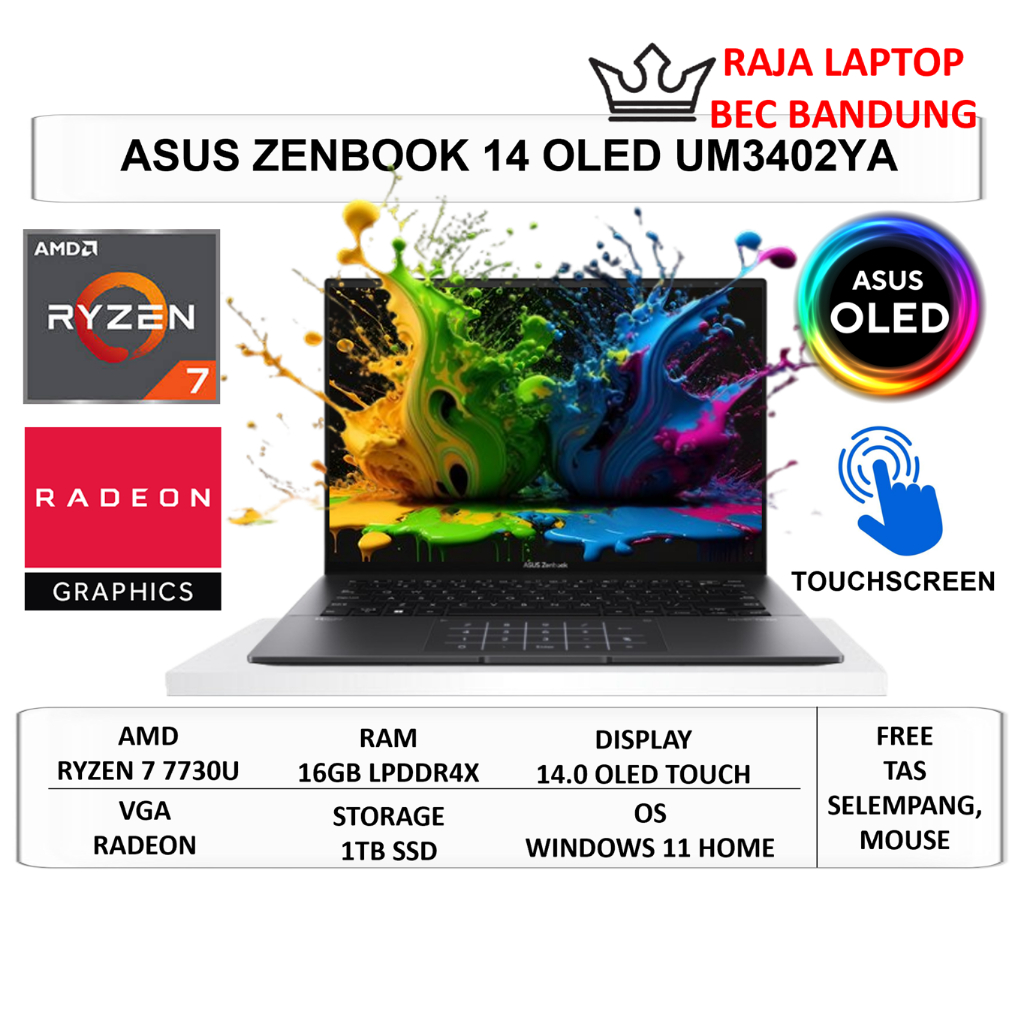 Laptop Asus Zenbook 14 OLED Touchscreen UM3402YA Ryzen 7 7730U 16GB 1TB SSD 14" 2.8K OLED Touch W11