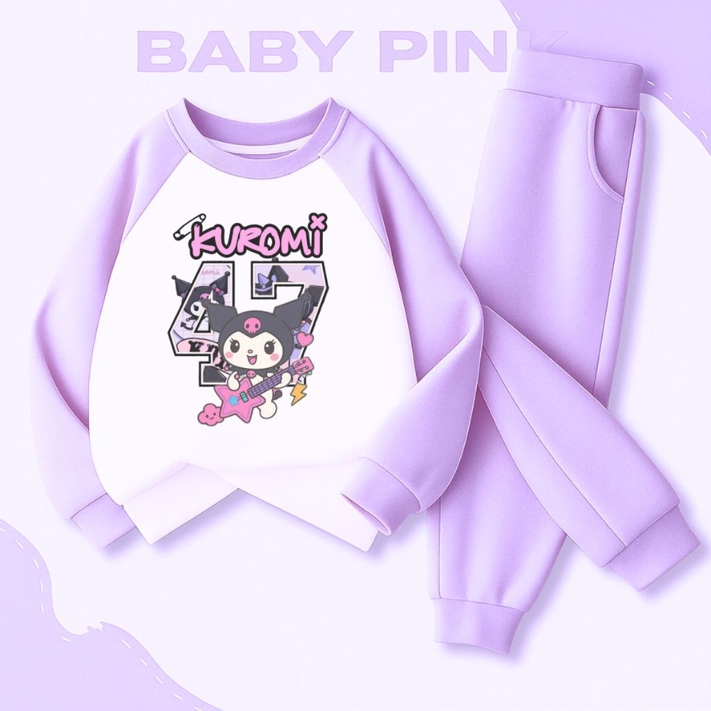 Setelan Baju Anak Perempuan Kuromi Rockstar 47 Outfit Set Sweater Celana Jogger Usia 3-14 Tahun