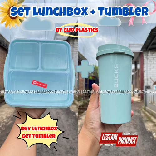 1 SET LUNCHBOX CLIO 3 SEKAT + TUMBLER BUCKS | LUNCHBOX PLASTIK 3 SEKAT | TUMBLER PLASTIK | BOTOL MIN