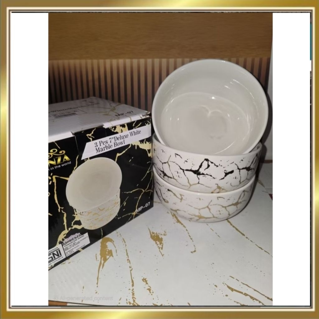 Set 3 Pcs Mangkuk Keramik 7 Inci Deluxe White Marble Bowl Premium | Mangkuk Soto Mie Bakso Motif Mar