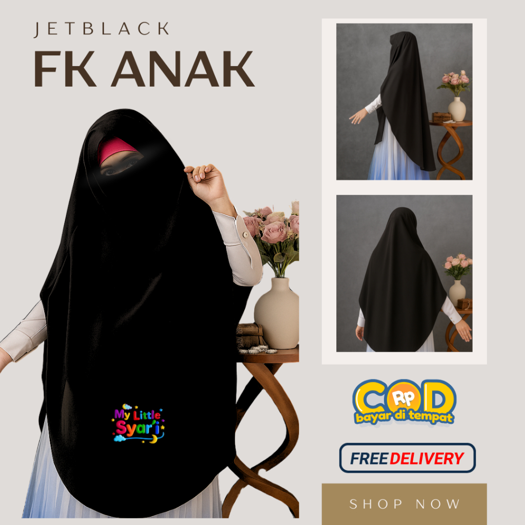 French Khimar Anak Jetblack karet - Hijab Syari FK Kids