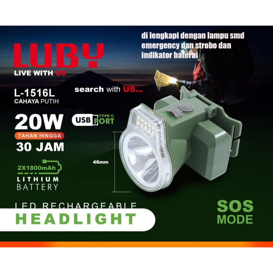 LUBY L-1516L Senter Kepala LED 20w emergency lampu headlamp