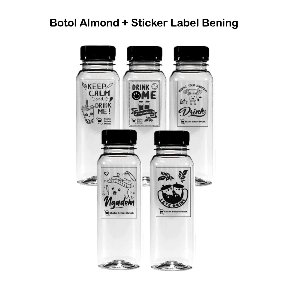 Isi 25 Pcs Botol Almond Plastik Short Neck Kemesan minuman 250ml Dengan Sticker Label Anti Air