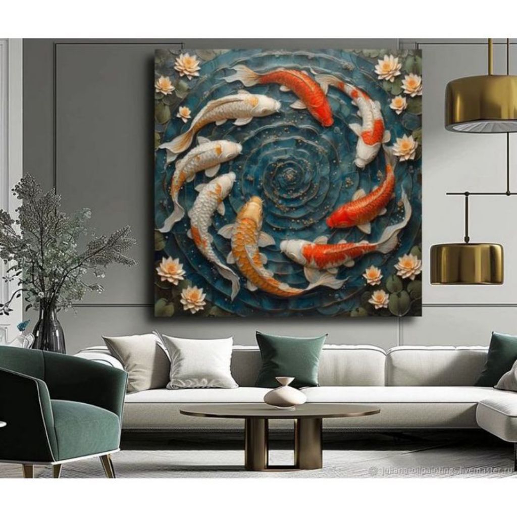 lukisan dinding ikan koi tekstur timbul