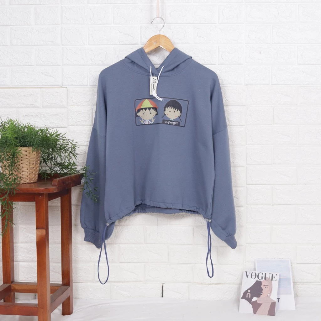 Two Girls Hoodie Crop Korean Style Wanita