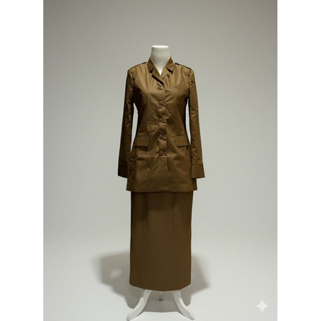 Aneka Seragam PNS - Setelan Seragam ASN/ PNS/ PDH Wanita Warna Khaki Tua, Lengan Panjang dan Rok Spa