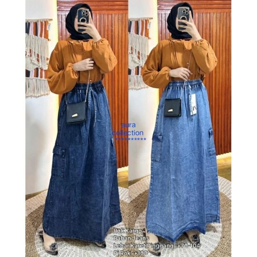 Rok Jeans Kargo | Rok Jeans Panjang Dewasa | Rok Jeans Model Kekinian