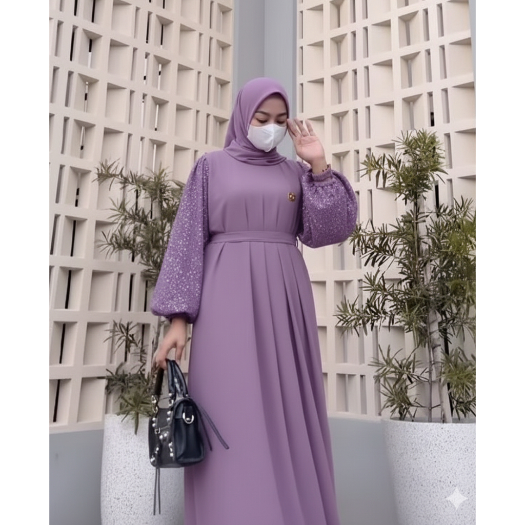 Gamis Polos Elegan Mewah Terbaru 2025 Bahan Crinkle Kombinasi Tile Sparkling Premium