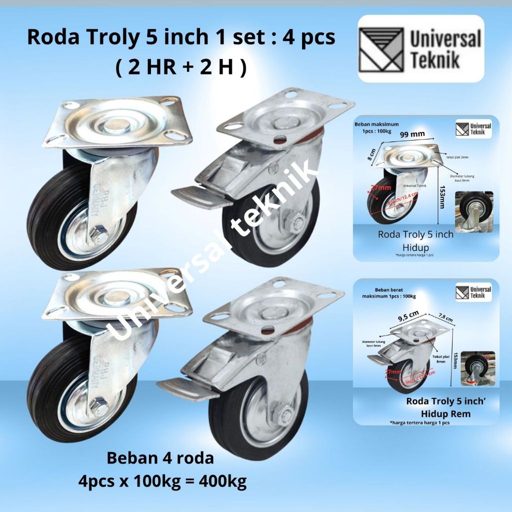 Roda troli Karet 5" inch troly kastor 1 Set 4pcs( 2Hidup Rem 2 Hidup )