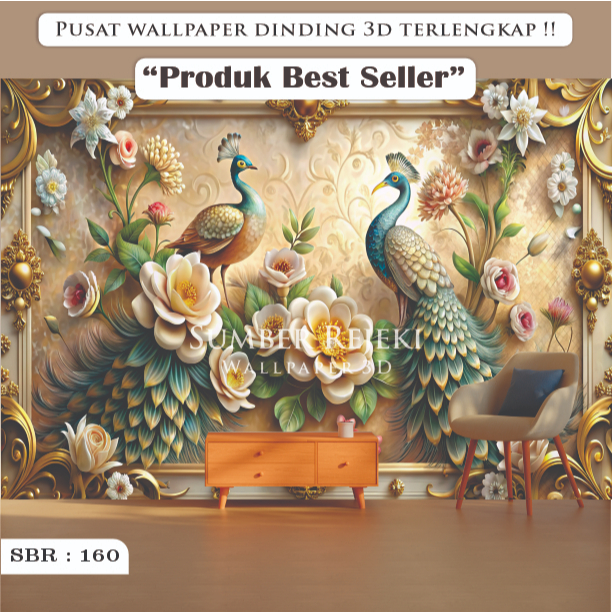 Wallpaper Dekorasi Stiker Dinding Merak 3D Best Seller, Stiker Dinding Ruang Tamu Motif Merak 3D Bes