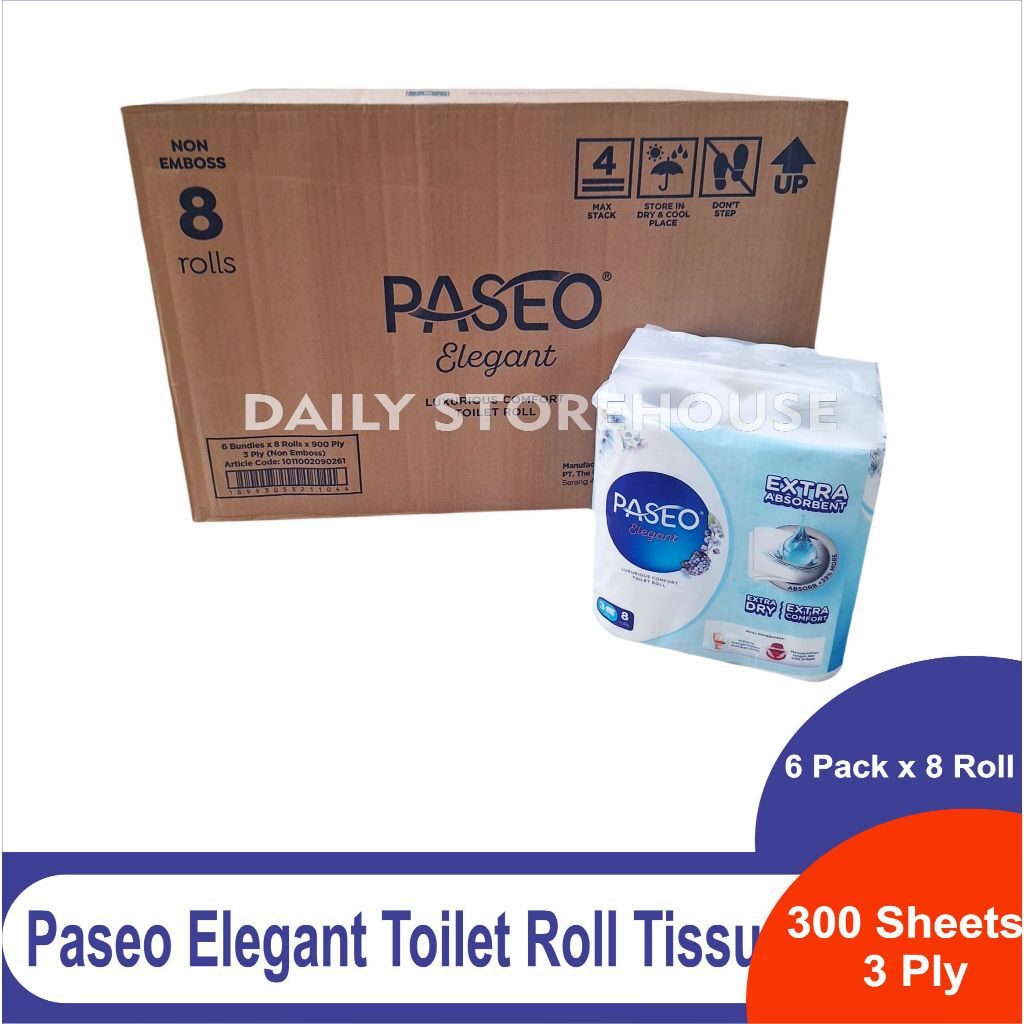 1 Dus Paseo Elegant Tissue Toilet Bathroom Non Emboss 300 Sheets 3 Ply 8 Roll Isi 6 Pack