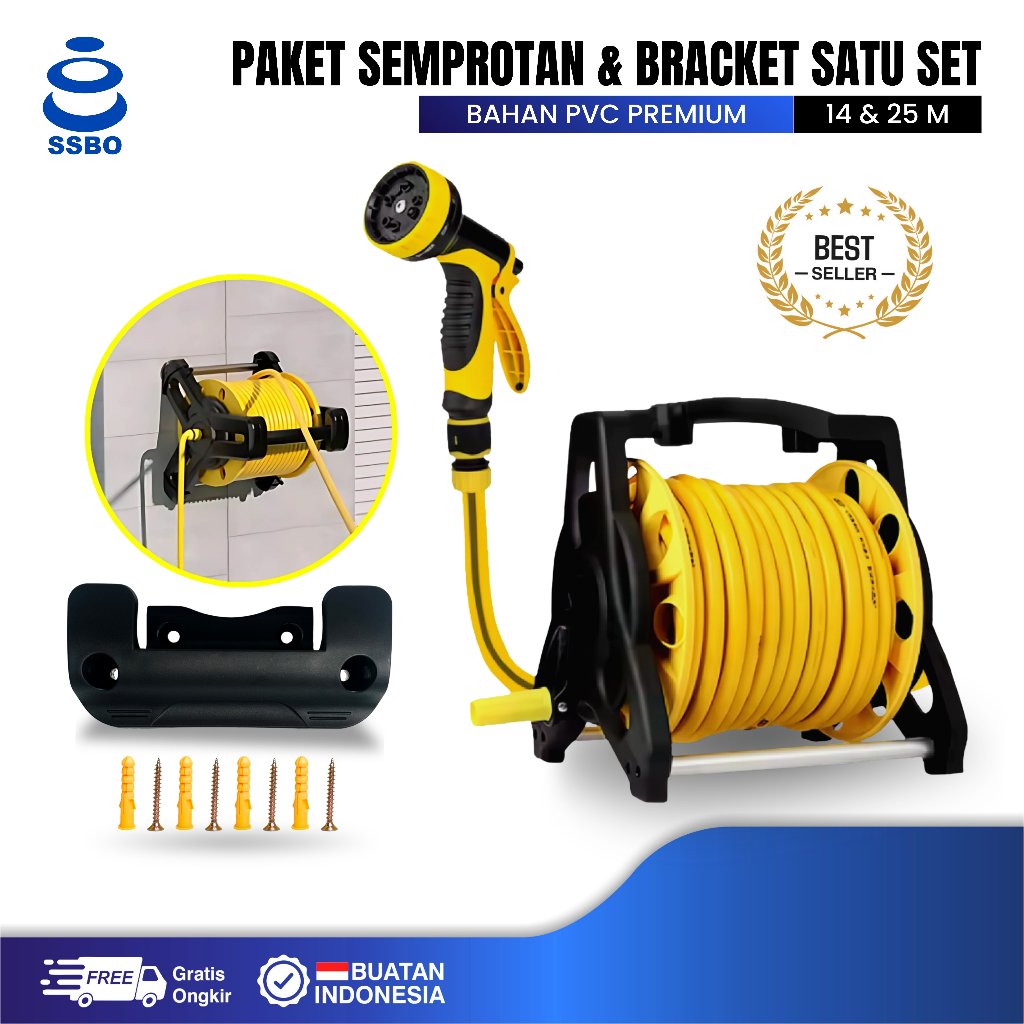 Set Semprotan Selang Air Gulung Fleksibel Kuning 14-25 Meter Reel Holder Dinding Semprotan Air